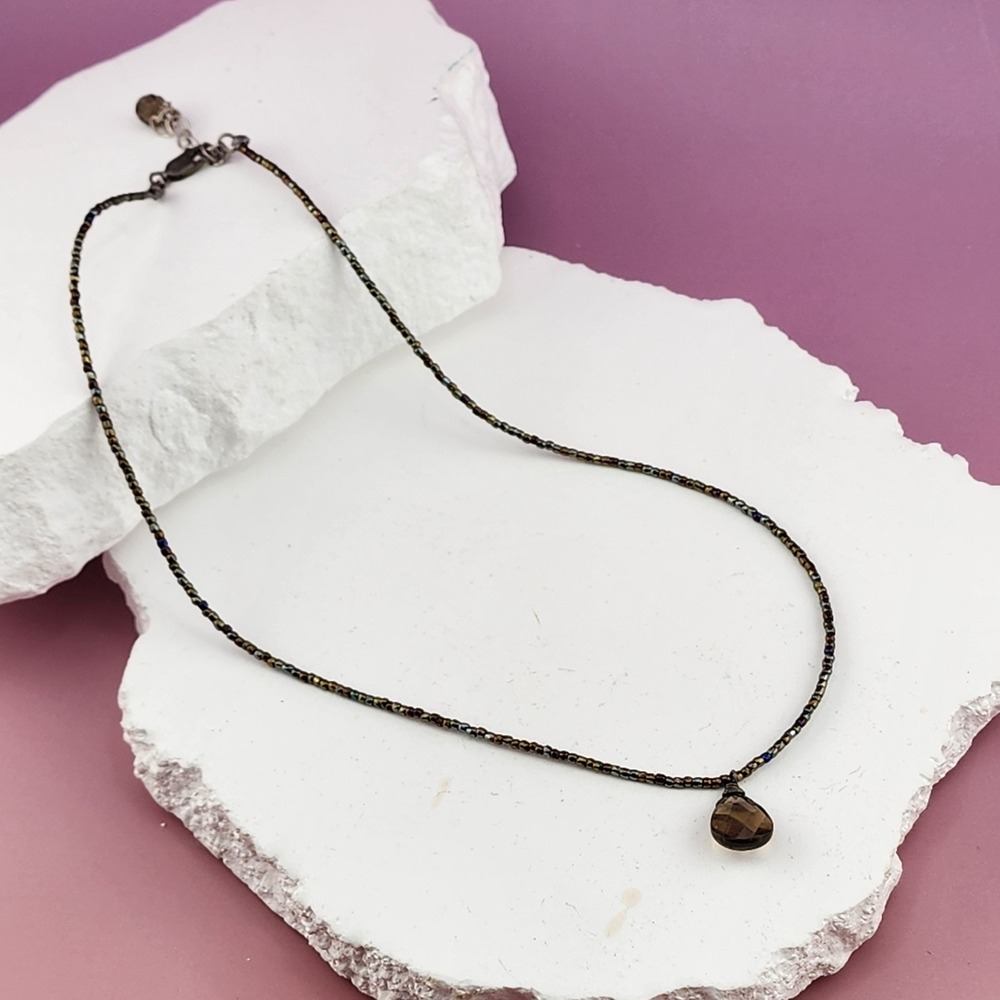 925 Sterling Silver Smoky Quartz Teardrop Pendant Necklace Metallic Seed Beads